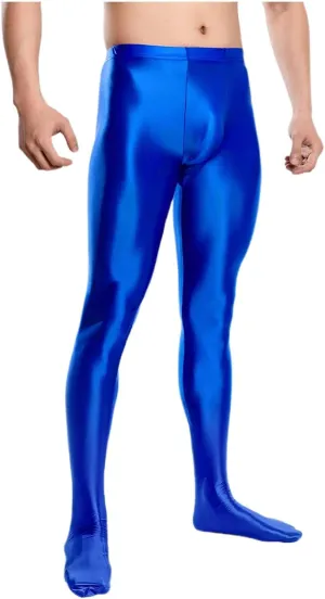 Men's Glossy Compression Tights Pants Footed Leggings Base Layer Training Long Trousers Slim Fit Stretchy Tights