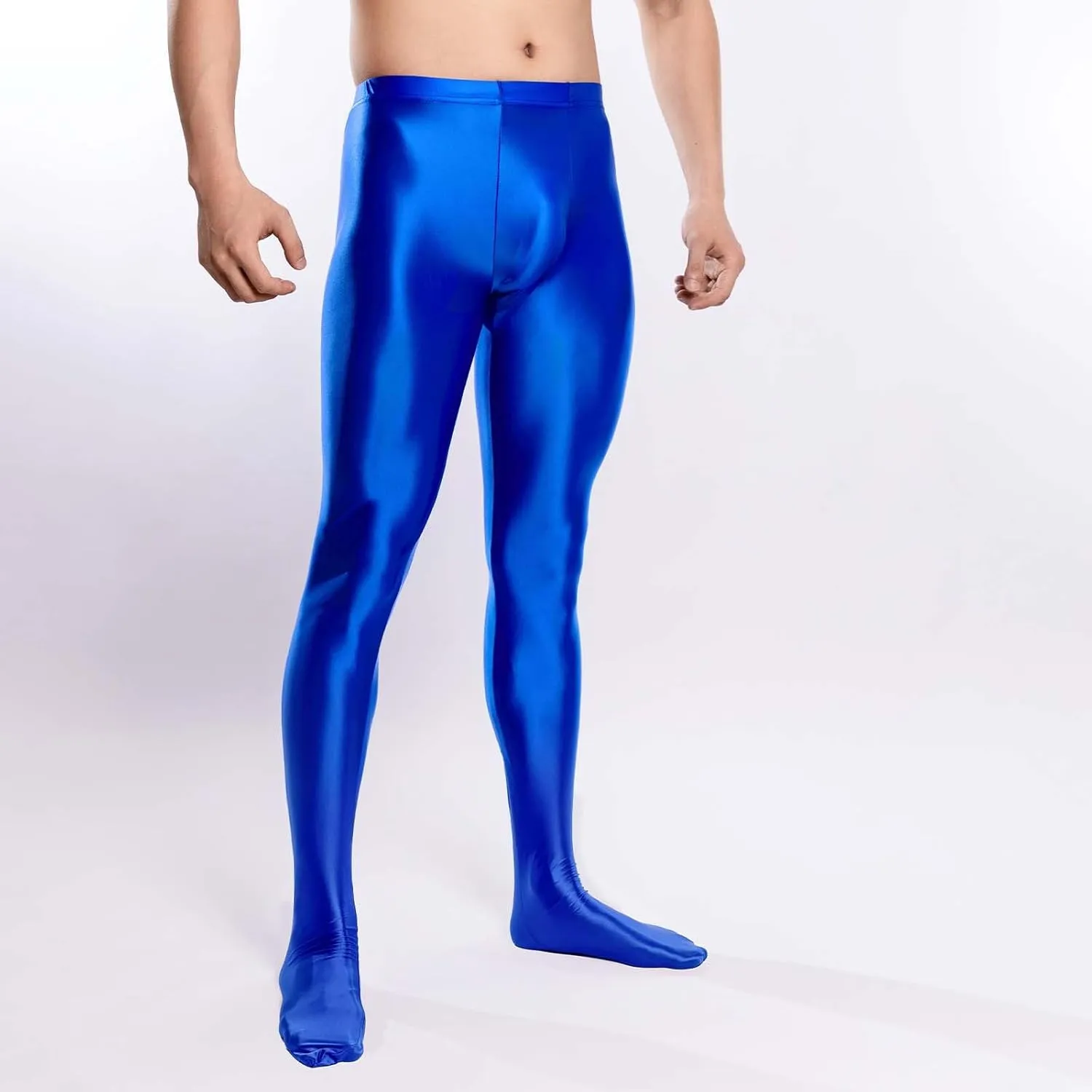 Men's Glossy Compression Tights Pants Footed Leggings Base Layer Training Long Trousers Slim Fit Stretchy Tights