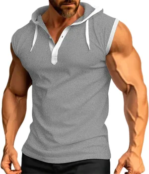 Men's Hooded Tank Tops Workout Sleeveless Hoodies Tee Shirt Muscle Athletic Gym Running Beach Tanks for Men Quick Dry