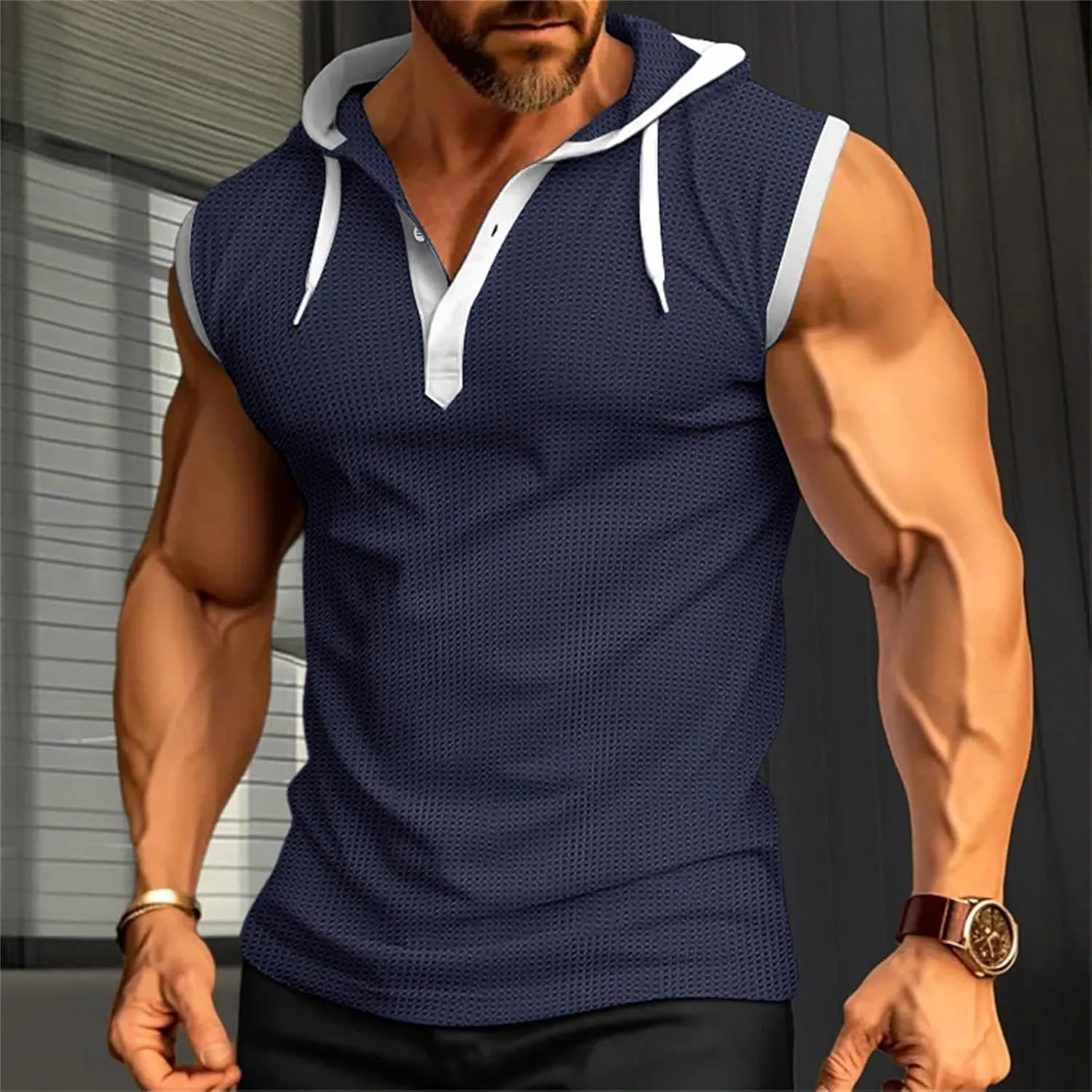 Men's Hooded Tank Tops Workout Sleeveless Hoodies Tee Shirt Muscle Athletic Gym Running Beach Tanks for Men Quick Dry