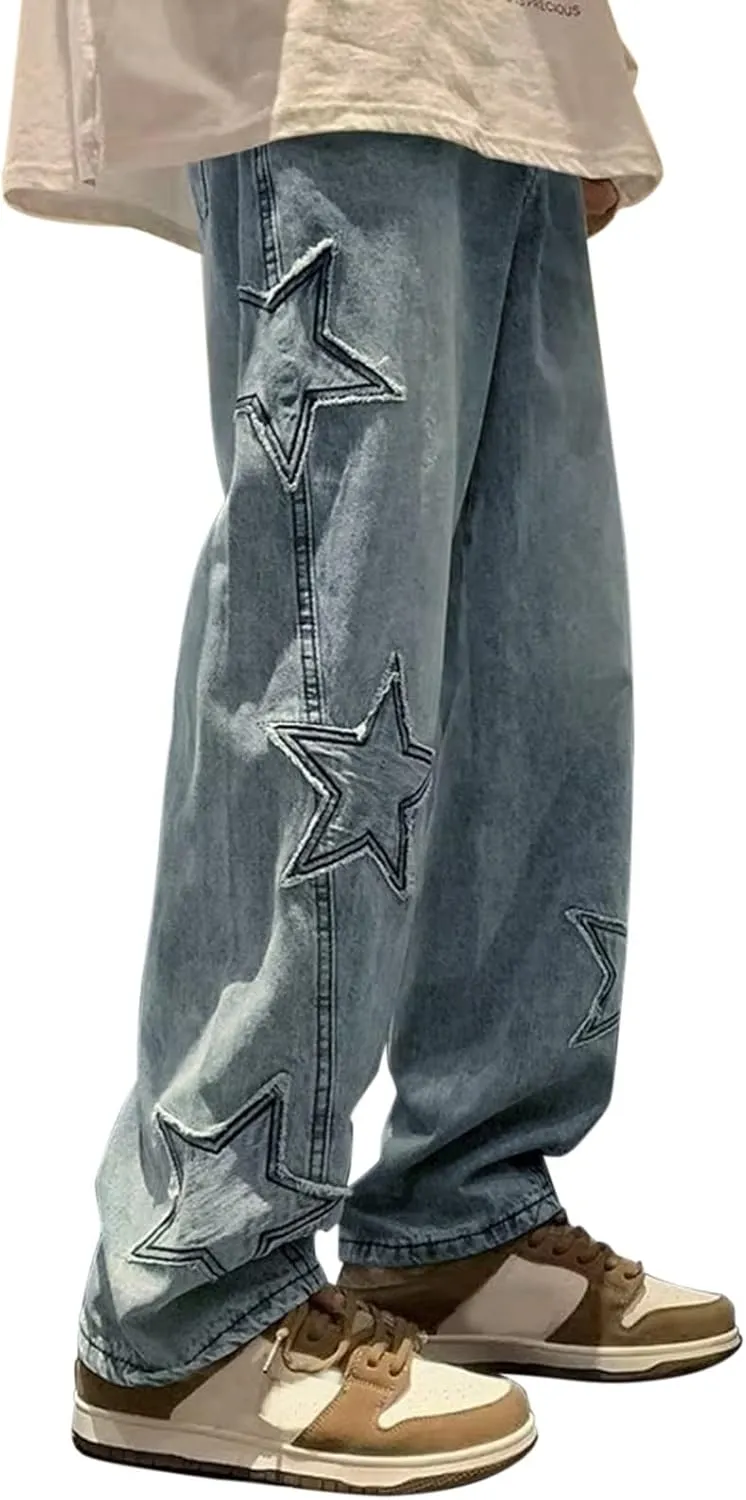 Men's Jeans Star Embroidery Wide Leg Pants Relaxed Fit Comfortable Street Style Lightweight Fashionable Casual Jeans