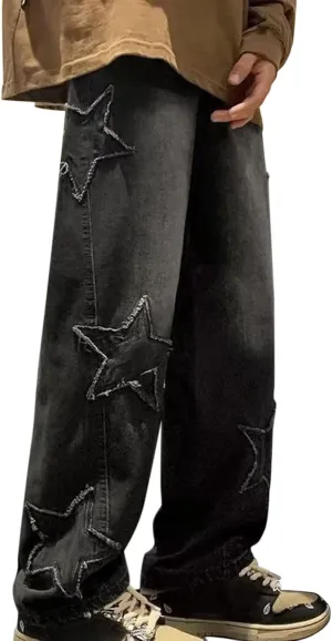 Men's Jeans Star Embroidery Wide Leg Pants Relaxed Fit Comfortable Street Style Lightweight Fashionable Casual Jeans