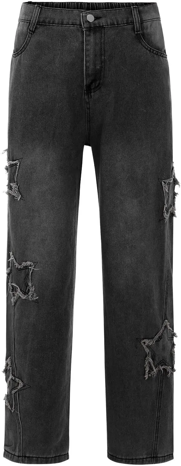Men's Jeans Star Embroidery Wide Leg Pants Relaxed Fit Comfortable Street Style Lightweight Fashionable Casual Jeans