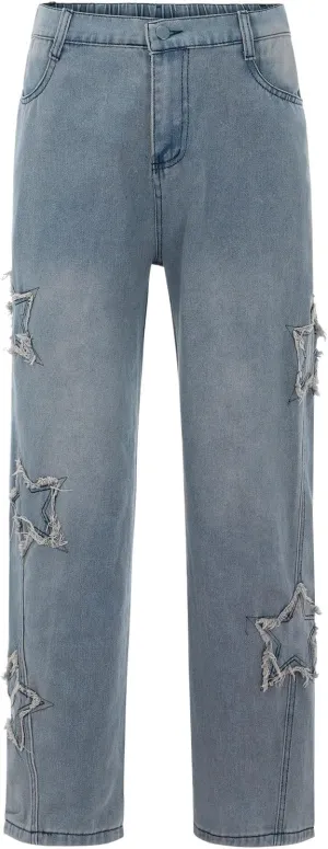 Men's Jeans Star Embroidery Wide Leg Pants Relaxed Fit Comfortable Street Style Lightweight Fashionable Casual Jeans