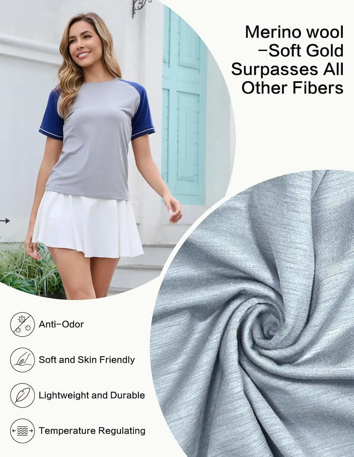Merino Wool Raglan Short Sleeve Workout Tops for Women for Athletic Gym Running, Breathable Moisture Wicking Shirts for Women