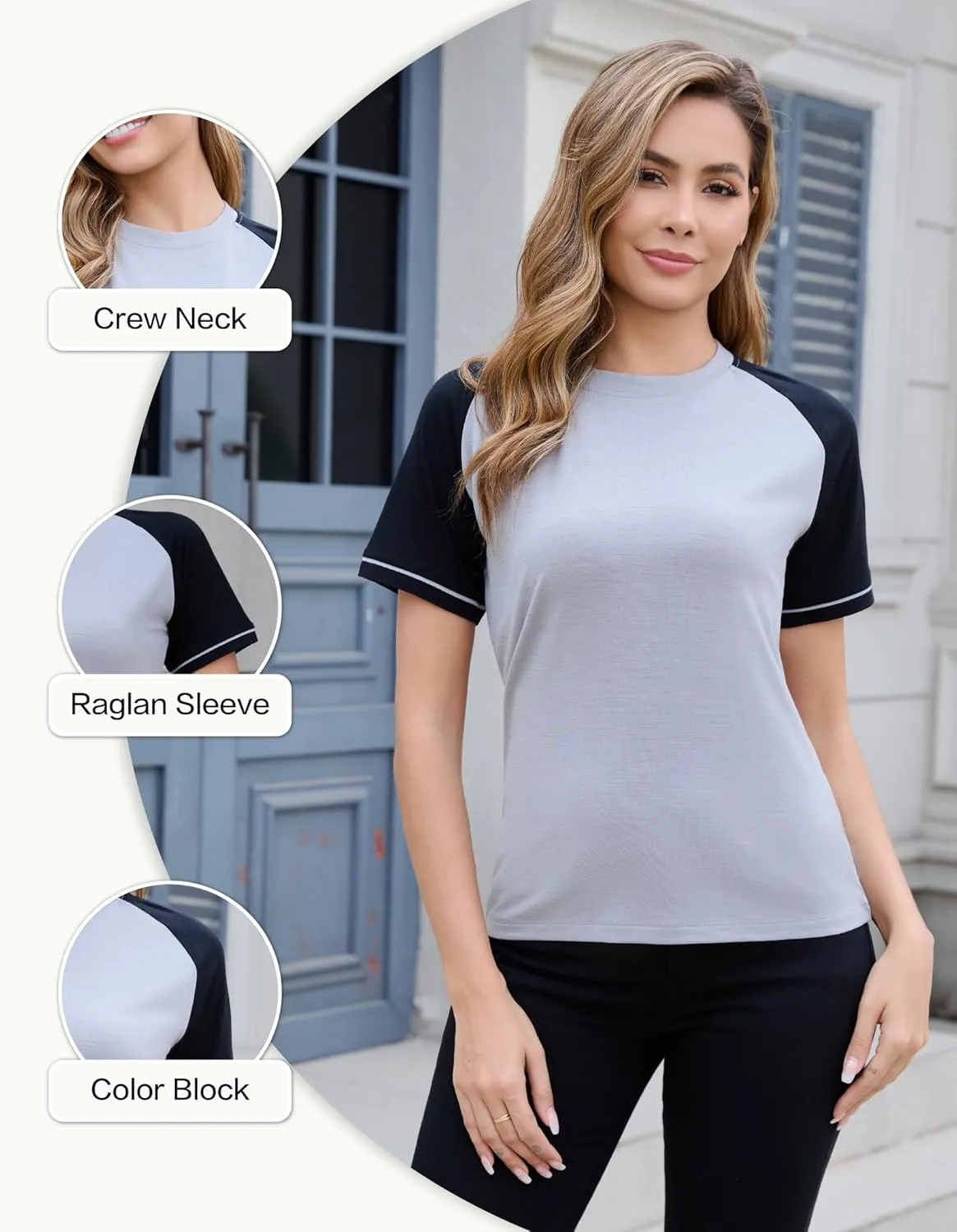 Merino Wool Raglan Short Sleeve Workout Tops for Women for Athletic Gym Running, Breathable Moisture Wicking Shirts for Women