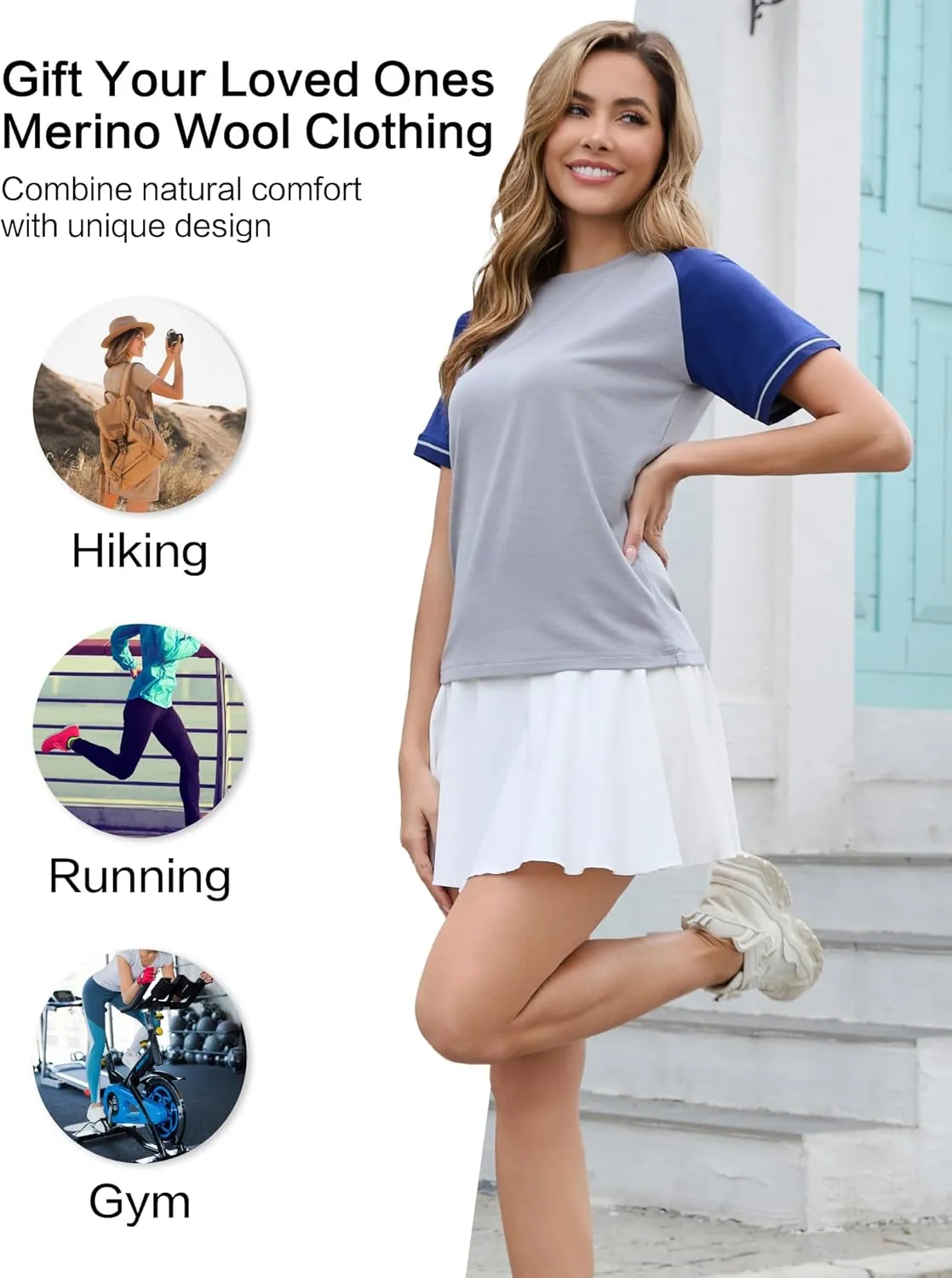 Merino Wool Raglan Short Sleeve Workout Tops for Women for Athletic Gym Running, Breathable Moisture Wicking Shirts for Women
