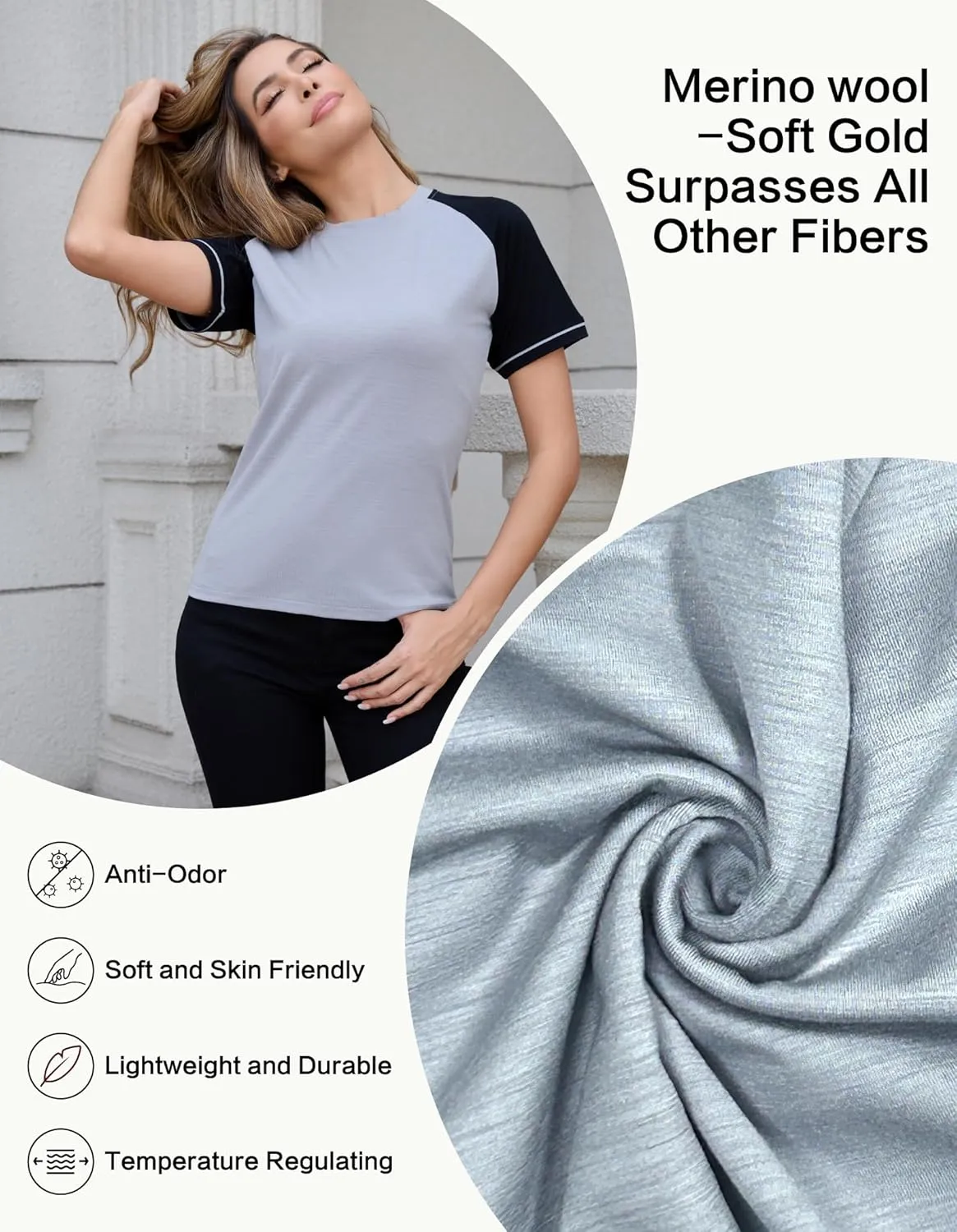 Merino Wool Raglan Short Sleeve Workout Tops for Women for Athletic Gym Running, Breathable Moisture Wicking Shirts for Women