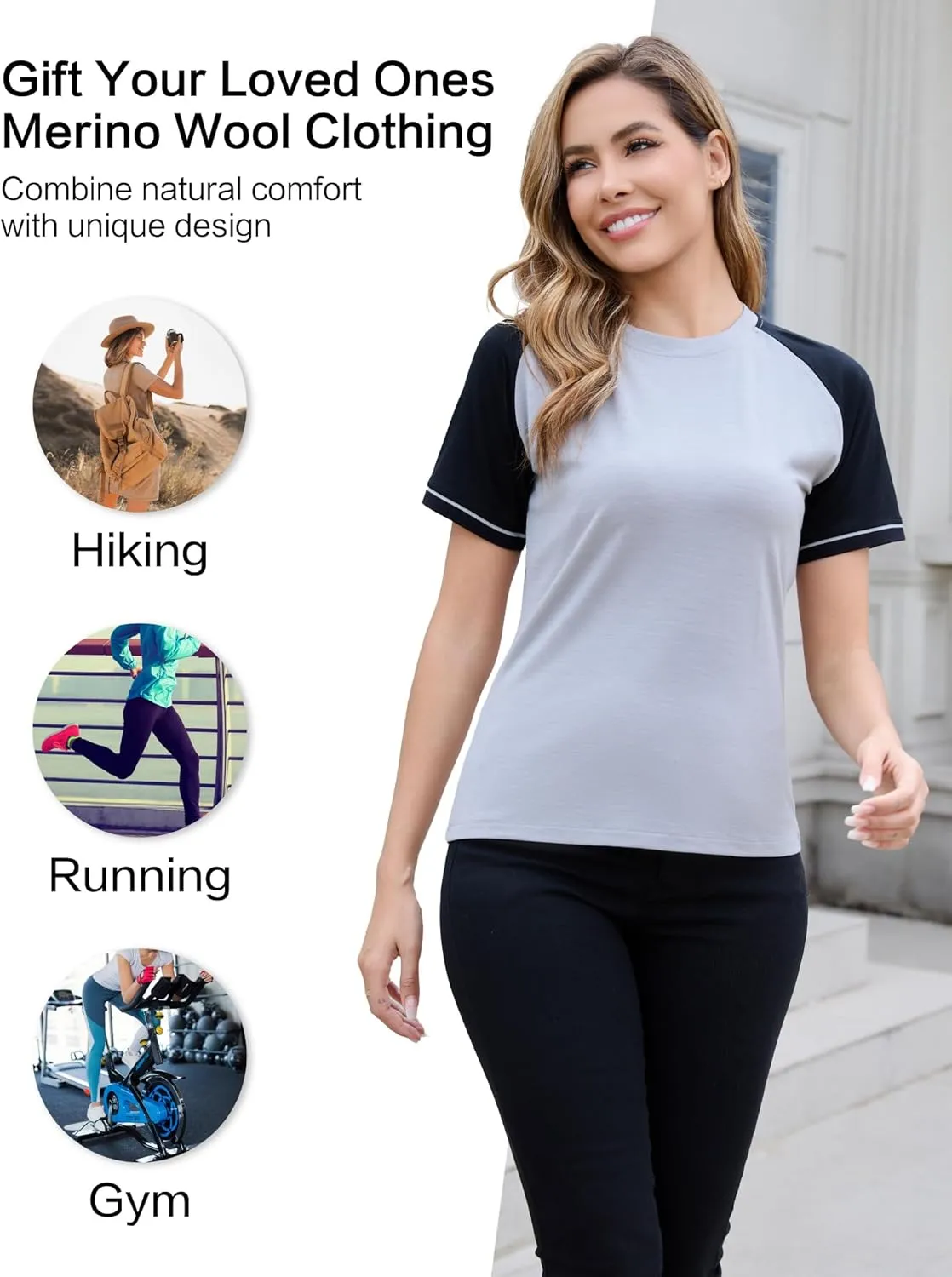 Merino Wool Raglan Short Sleeve Workout Tops for Women for Athletic Gym Running, Breathable Moisture Wicking Shirts for Women