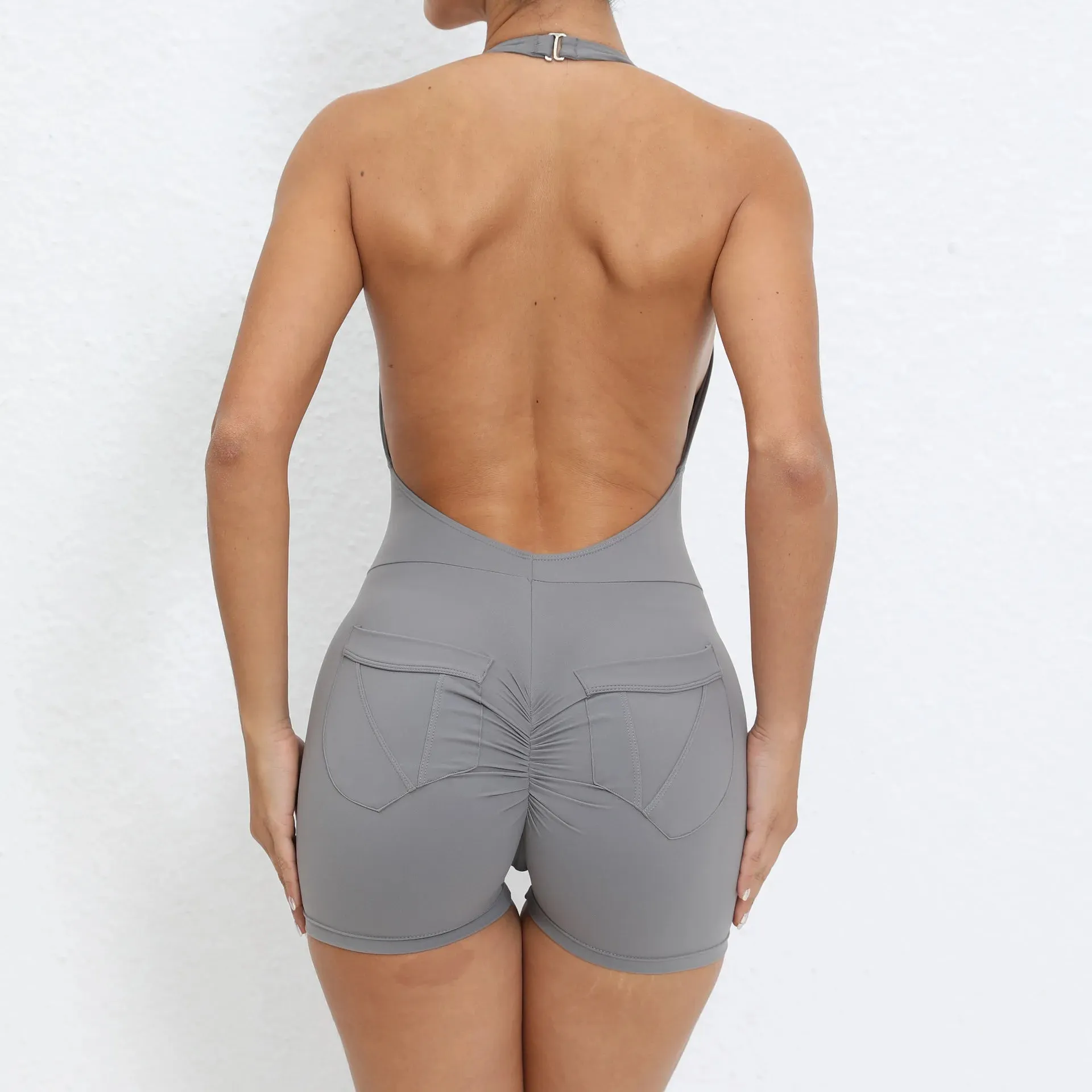 Nylon Backless Halter V Cut Back Pocket Yoga Set