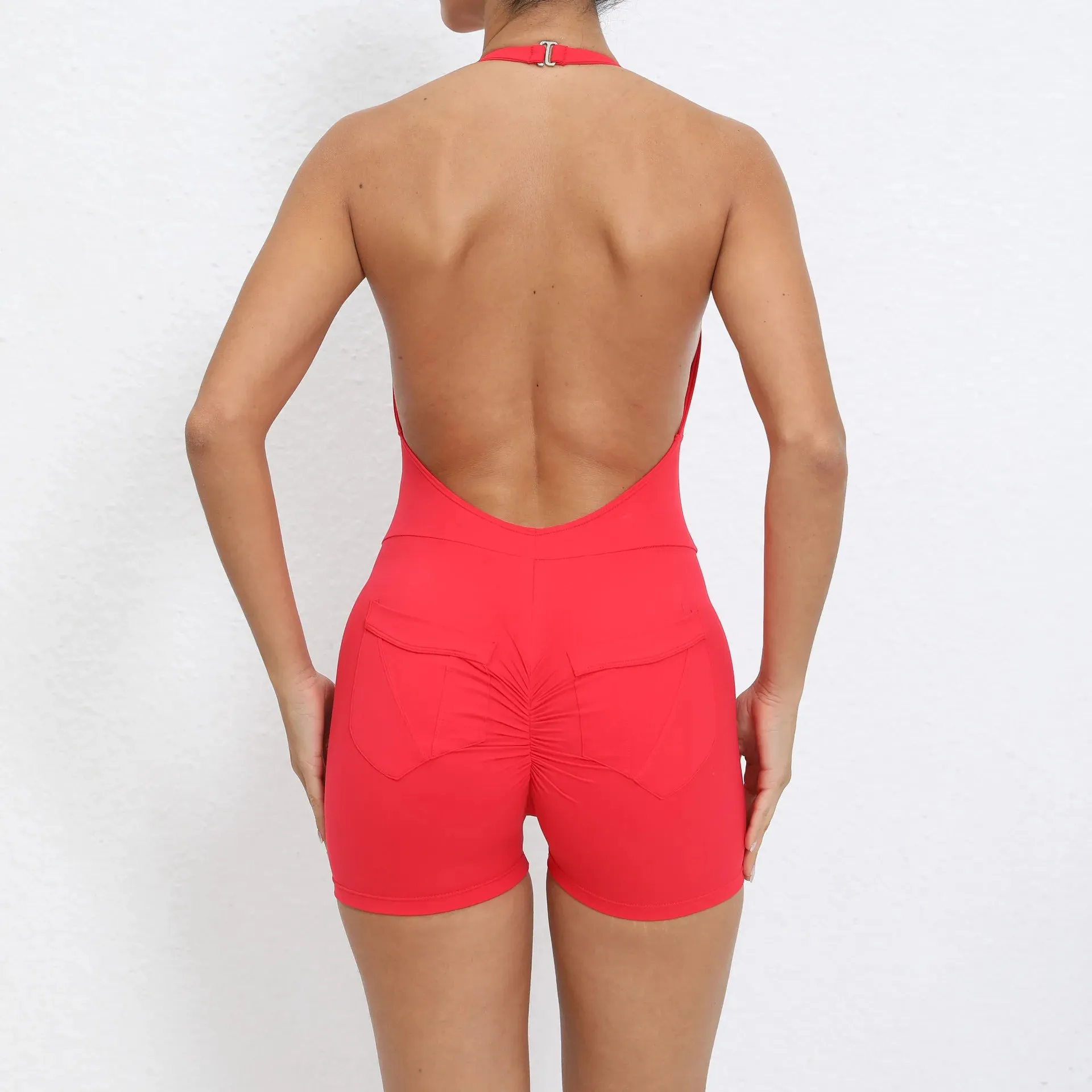Nylon Backless Halter V Cut Back Pocket Yoga Set
