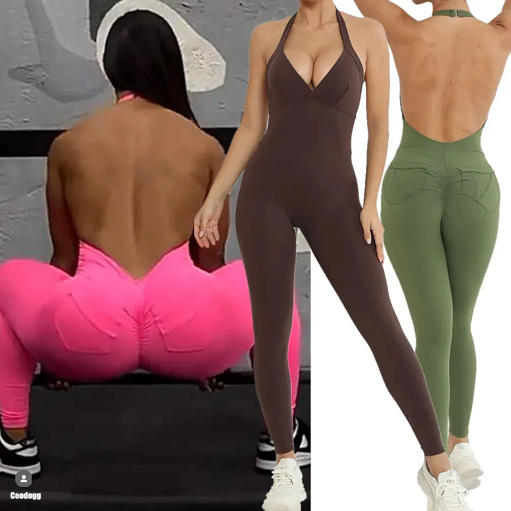 Nylon Backless Halter V Cut Back Pocket Yoga Set