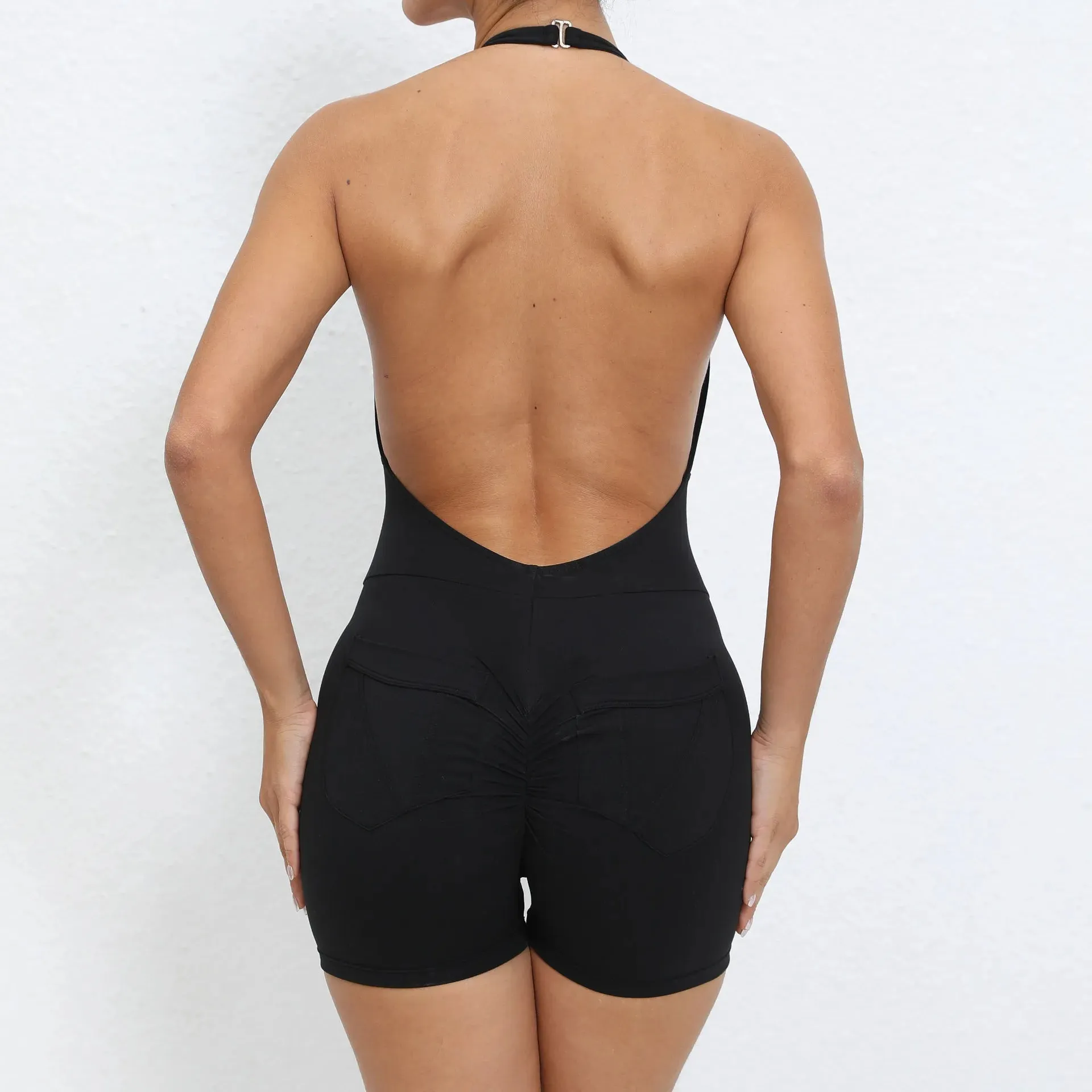 Nylon Backless Halter V Cut Back Pocket Yoga Set