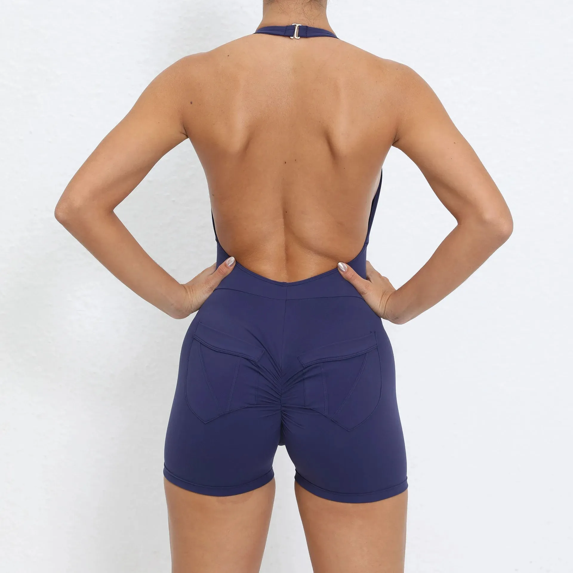 Nylon Backless Halter V Cut Back Pocket Yoga Set