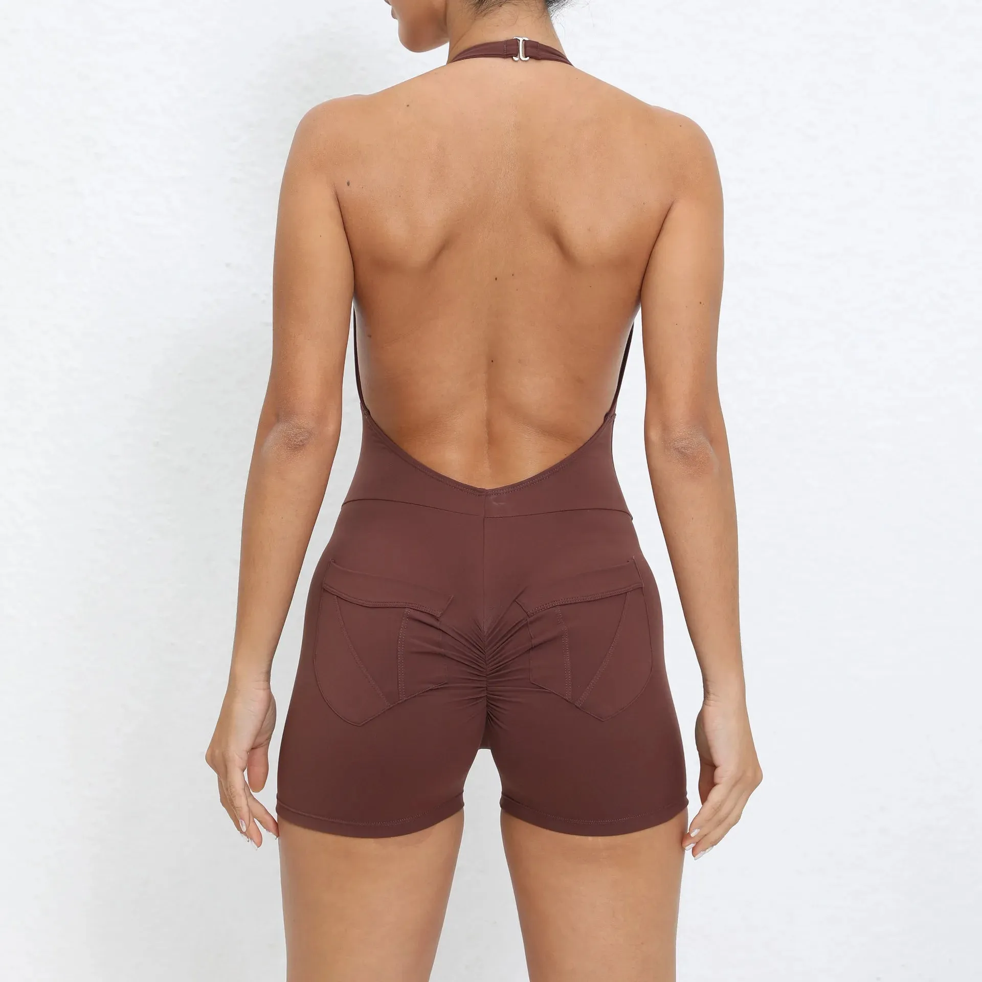 Nylon Backless Halter V Cut Back Pocket Yoga Set
