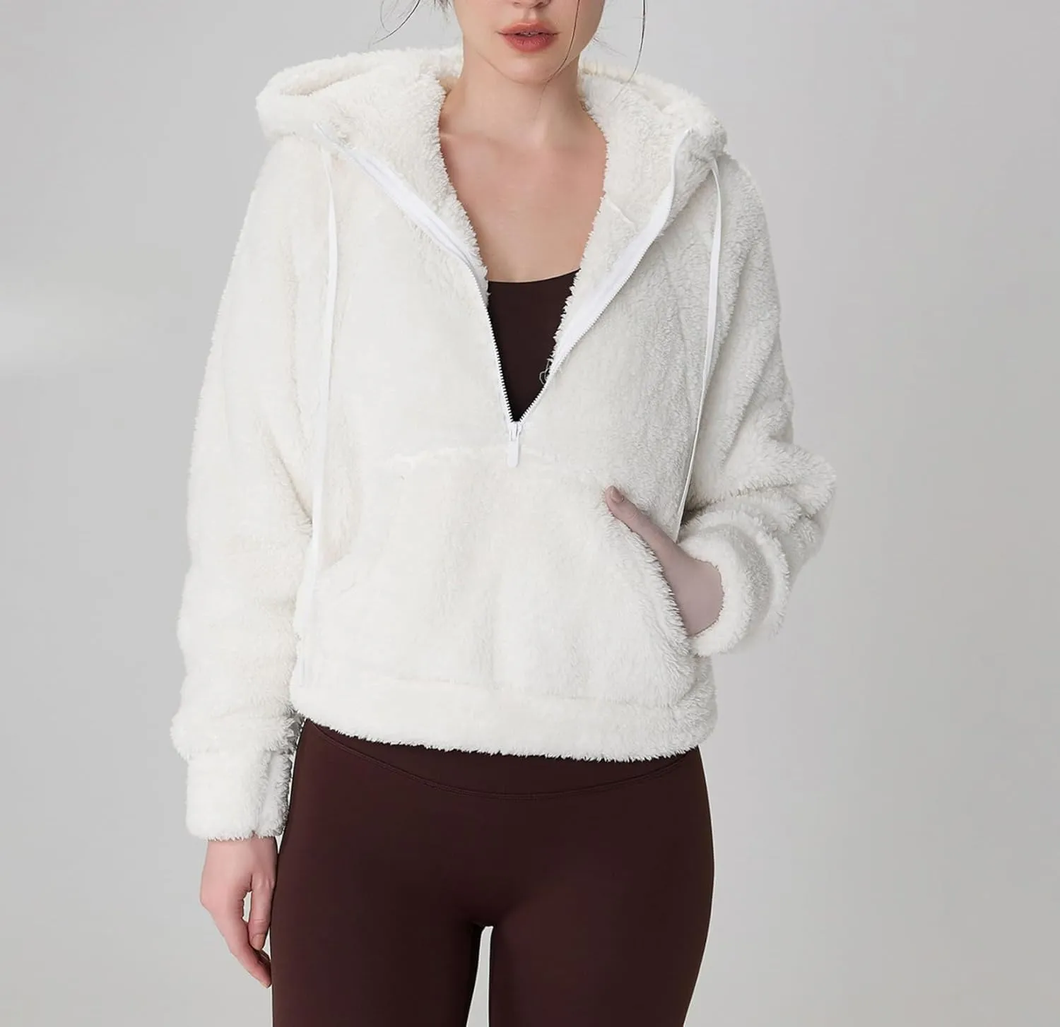 Oversized Fuzzy Sherpa Jackets Women Zip Up Jackets with Pockets Yoga Gym Running Jackets for Workout