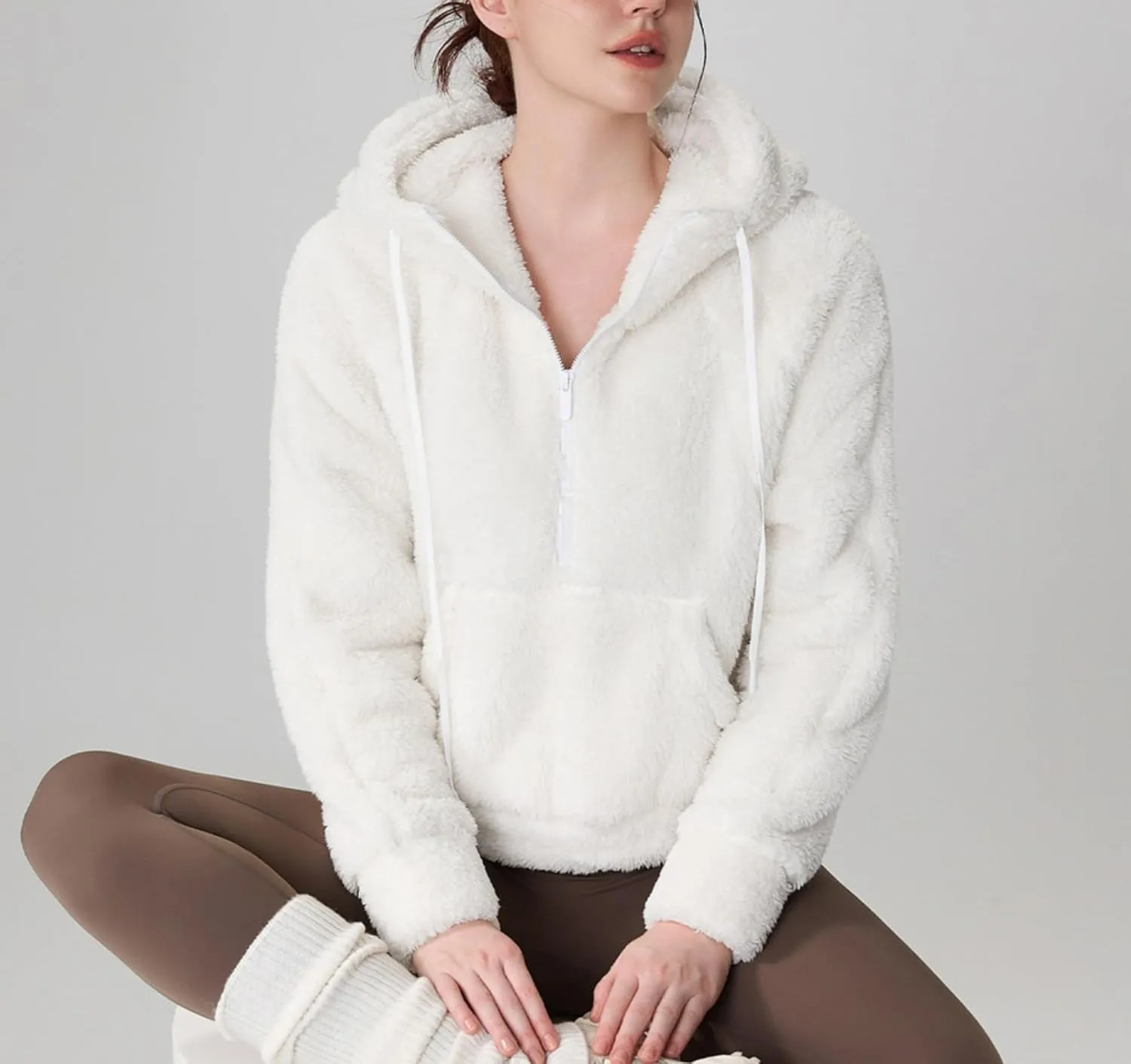 Oversized Fuzzy Sherpa Jackets Women Zip Up Jackets with Pockets Yoga Gym Running Jackets for Workout