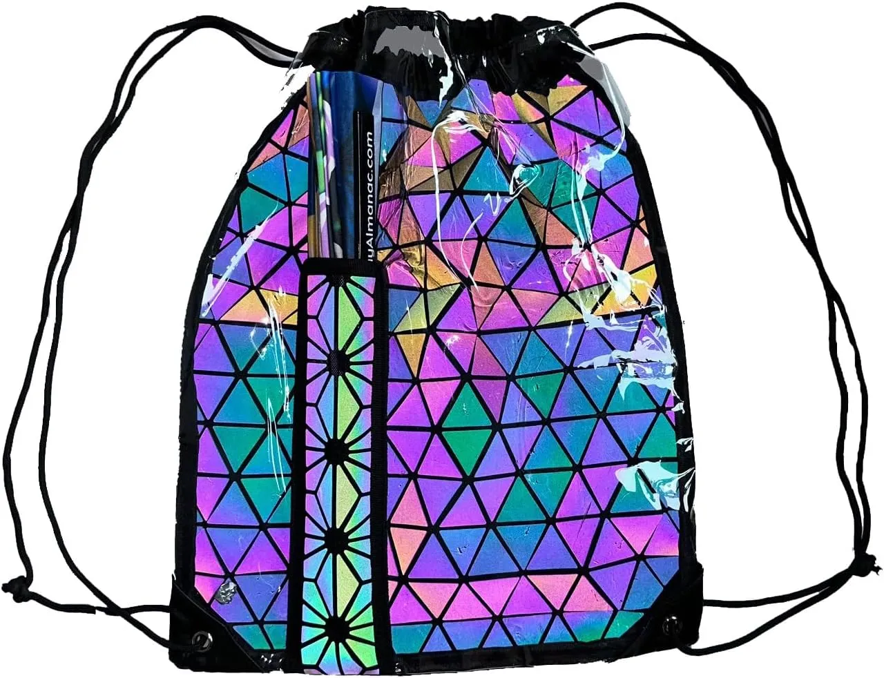 PandaTak Clear Flash Reflective Drawstring Bag with Hidden Zipper Pockets and Fan Holster - Ideal Festival and Rave Outfit Accessory, Geometric Reflective Backpack
