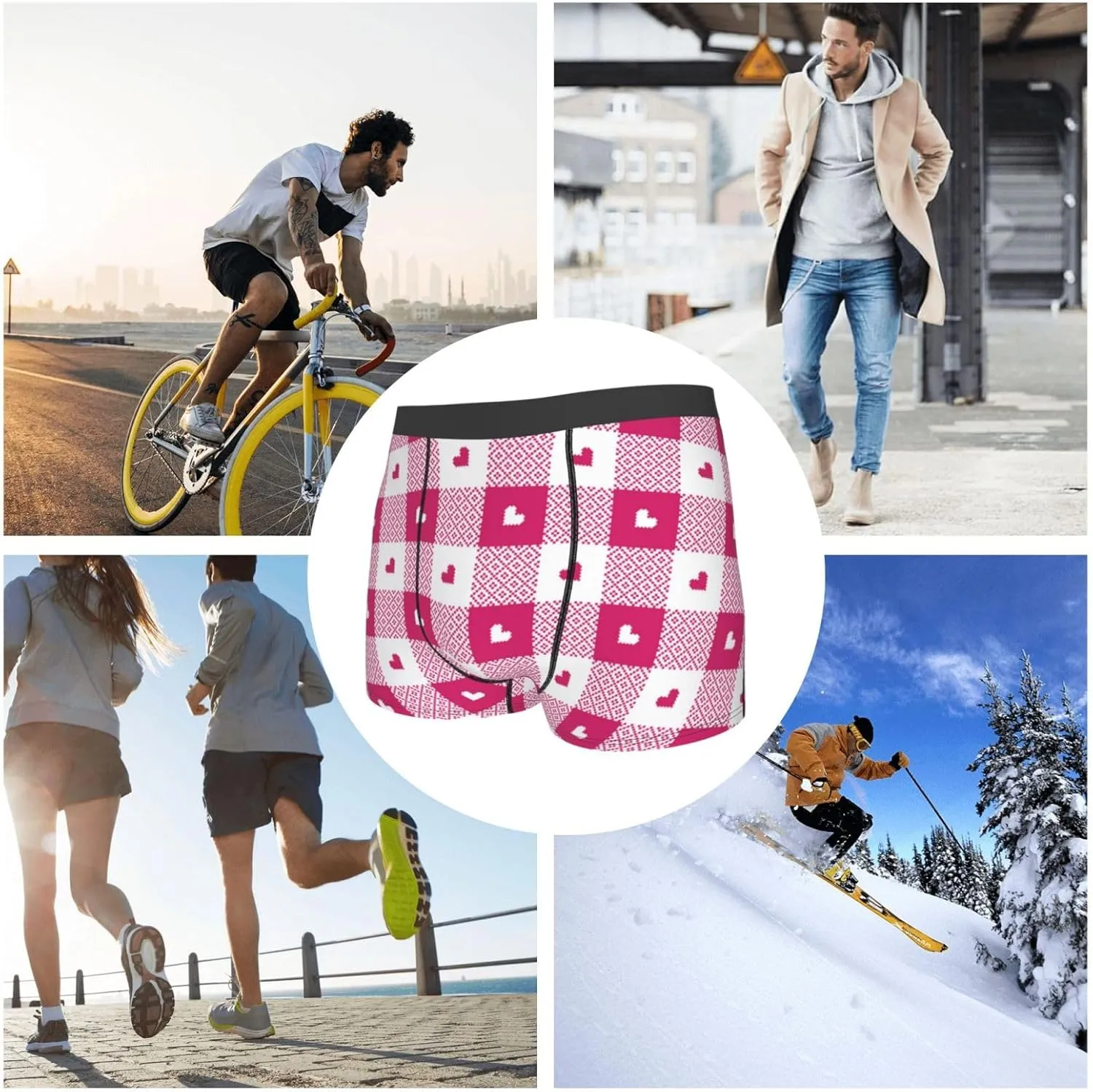 Plaid Heart Print Boxer Briefs For Men Breathable Underwear-