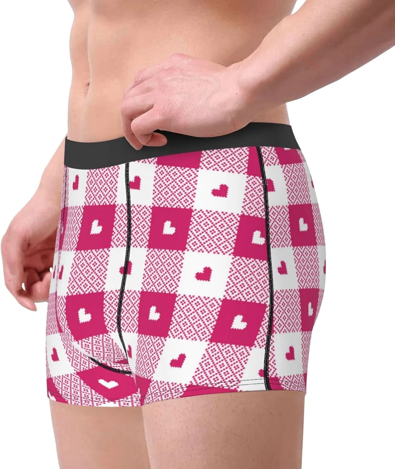 Plaid Heart Print Boxer Briefs For Men Breathable Underwear-
