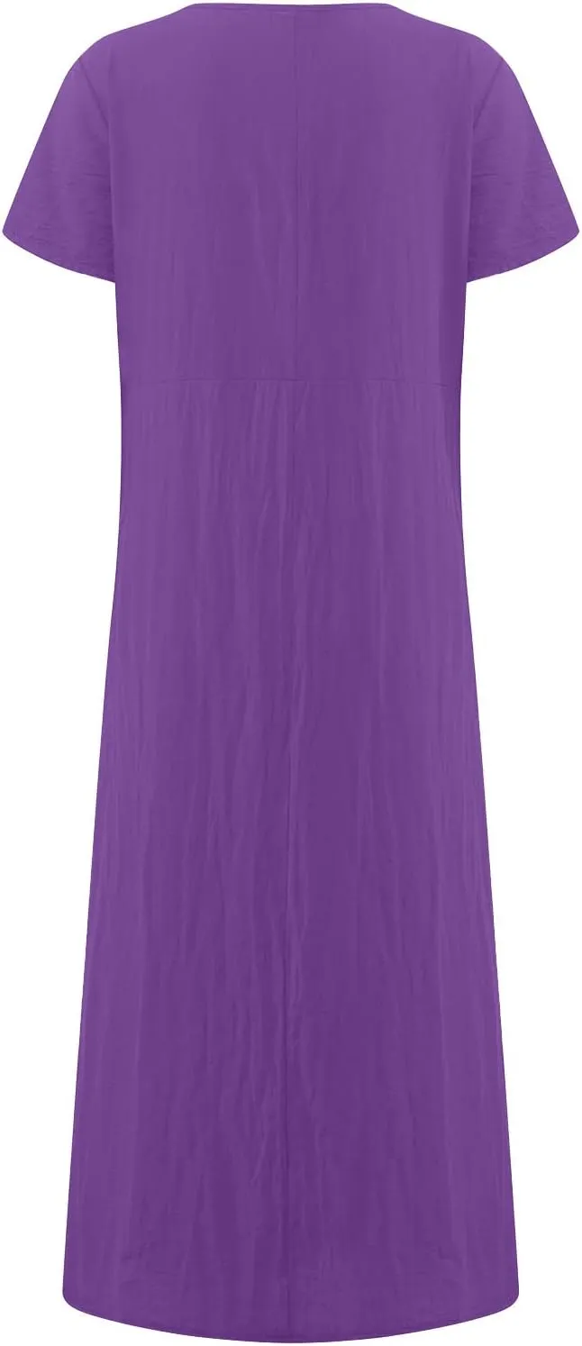 PTOLOCIF Summer Dresses for Women Short Sleeve Crewneck Casual T Shirt Dress Loose Long Beach Vacation Dresses with Pocket