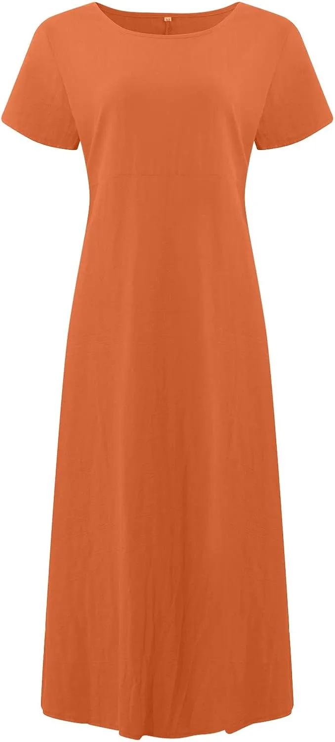 PTOLOCIF Summer Dresses for Women Short Sleeve Crewneck Casual T Shirt Dress Loose Long Beach Vacation Dresses with Pocket