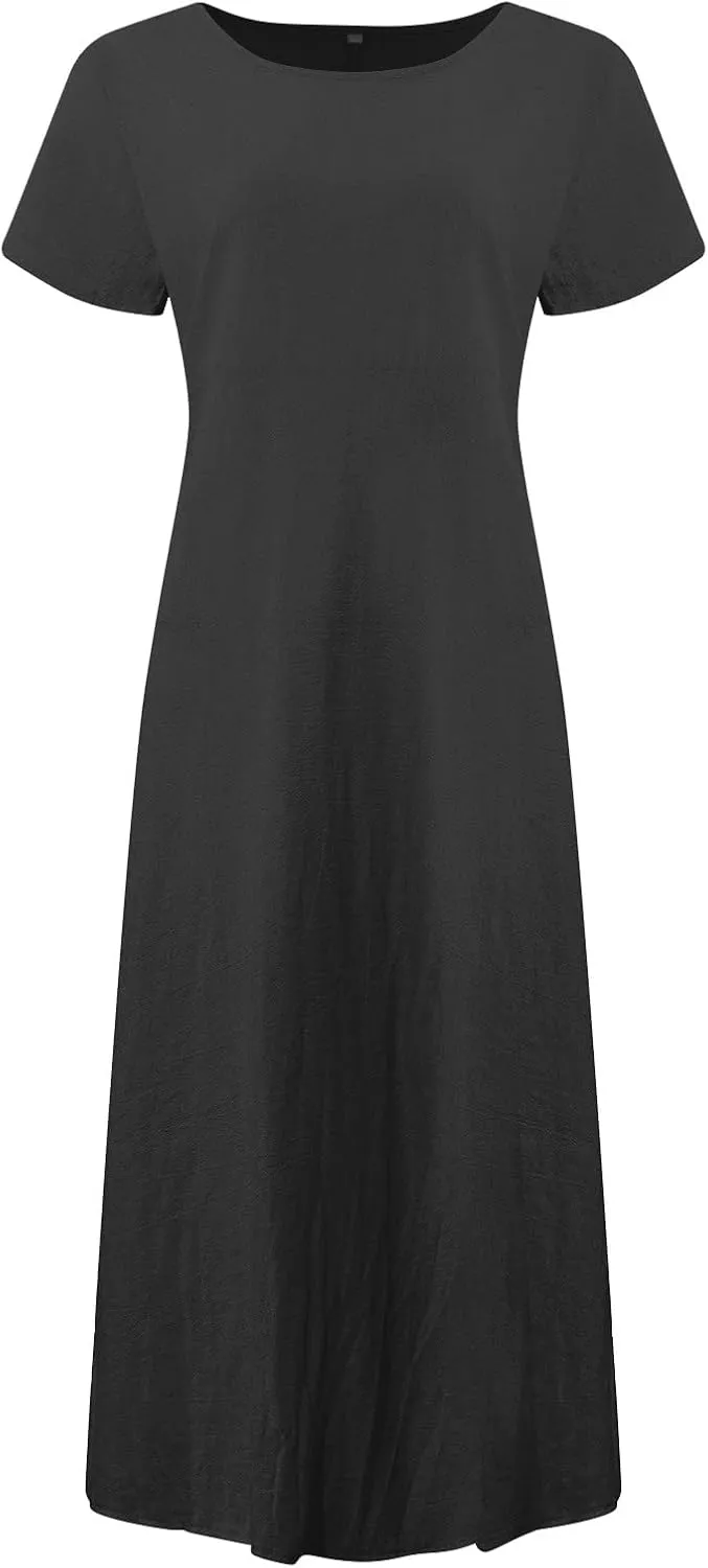 PTOLOCIF Summer Dresses for Women Short Sleeve Crewneck Casual T Shirt Dress Loose Long Beach Vacation Dresses with Pocket