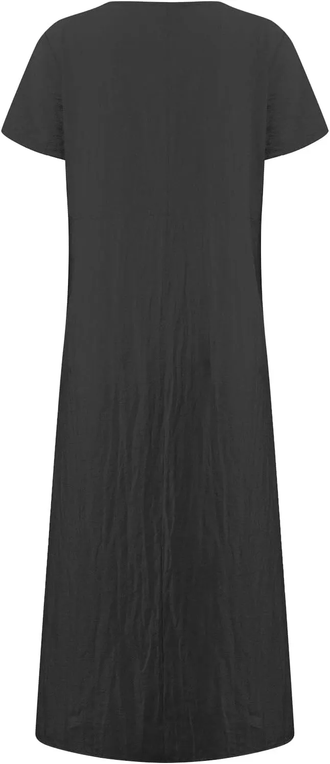 PTOLOCIF Summer Dresses for Women Short Sleeve Crewneck Casual T Shirt Dress Loose Long Beach Vacation Dresses with Pocket