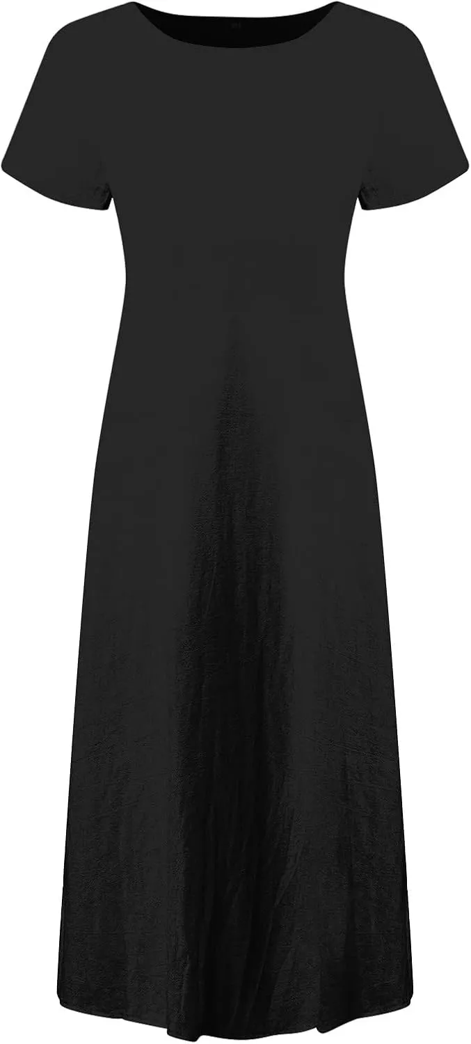 PTOLOCIF Summer Dresses for Women Short Sleeve Crewneck Casual T Shirt Dress Loose Long Beach Vacation Dresses with Pocket