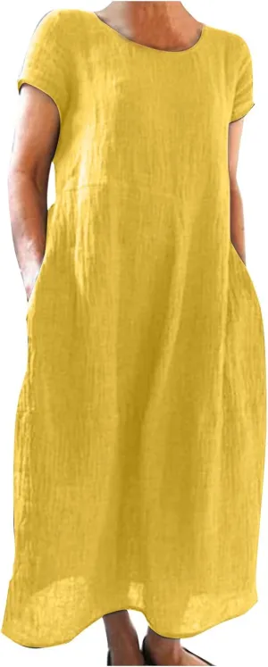 PTOLOCIF Summer Dresses for Women Short Sleeve Crewneck Casual T Shirt Dress Loose Long Beach Vacation Dresses with Pocket