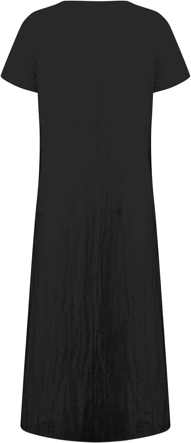 PTOLOCIF Summer Dresses for Women Short Sleeve Crewneck Casual T Shirt Dress Loose Long Beach Vacation Dresses with Pocket