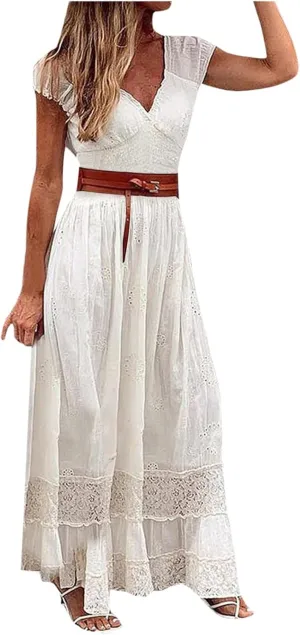 PTOLOCIF Summer Maxi Dress for Women 2025 Short Sleeve Casual Beach Dress V Neck Loose Plain Comfy Long Dresses with Belt