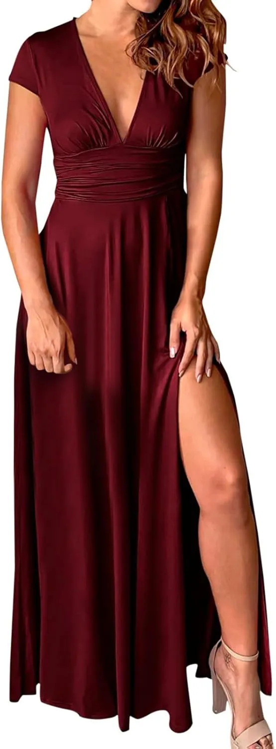 PTOLOCIF Wedding Guest Dresses for Women Deep V Neck Short Sleeve Long Dress Pleated High Waist Slit Party Evening Maxi Dress