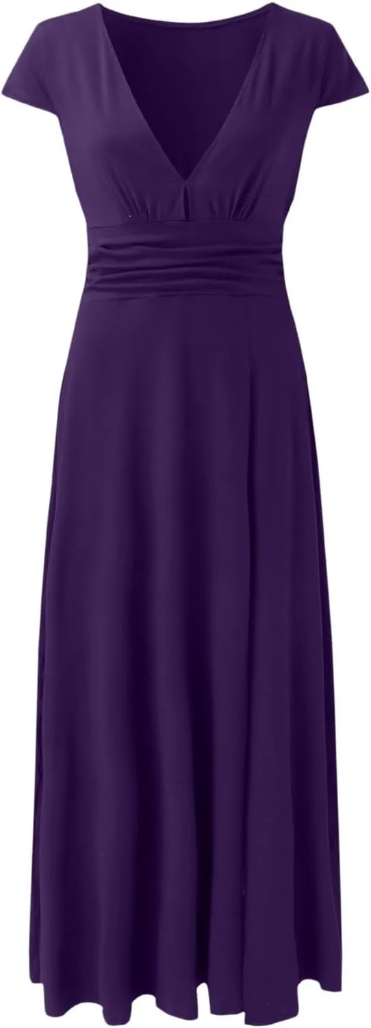 PTOLOCIF Wedding Guest Dresses for Women Deep V Neck Short Sleeve Long Dress Pleated High Waist Slit Party Evening Maxi Dress