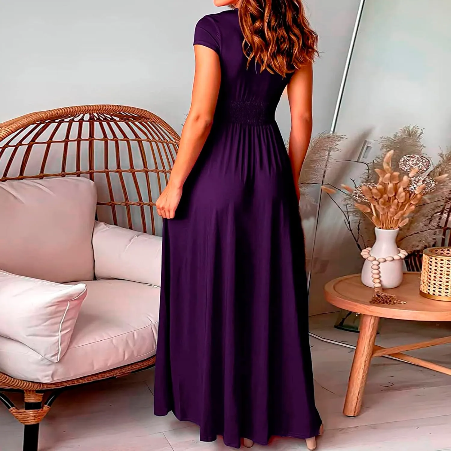 PTOLOCIF Wedding Guest Dresses for Women Deep V Neck Short Sleeve Long Dress Pleated High Waist Slit Party Evening Maxi Dress