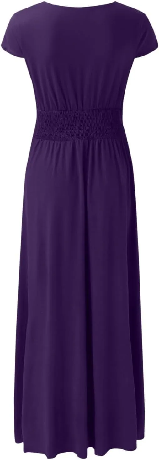 PTOLOCIF Wedding Guest Dresses for Women Deep V Neck Short Sleeve Long Dress Pleated High Waist Slit Party Evening Maxi Dress