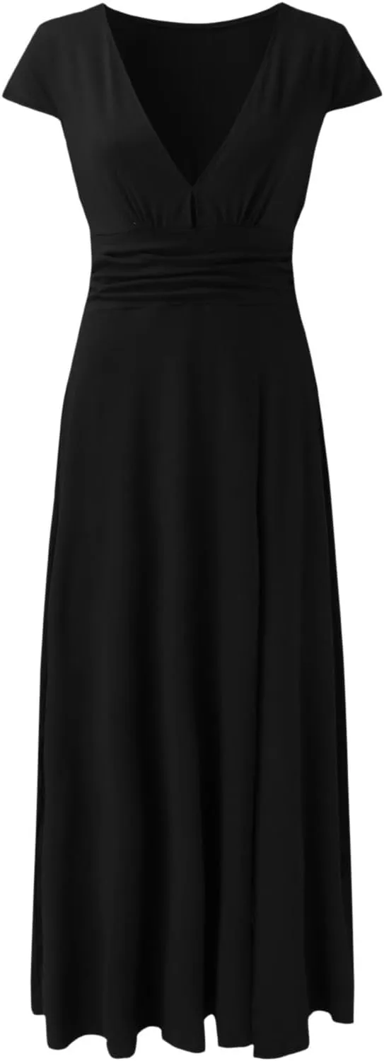 PTOLOCIF Wedding Guest Dresses for Women Deep V Neck Short Sleeve Long Dress Pleated High Waist Slit Party Evening Maxi Dress