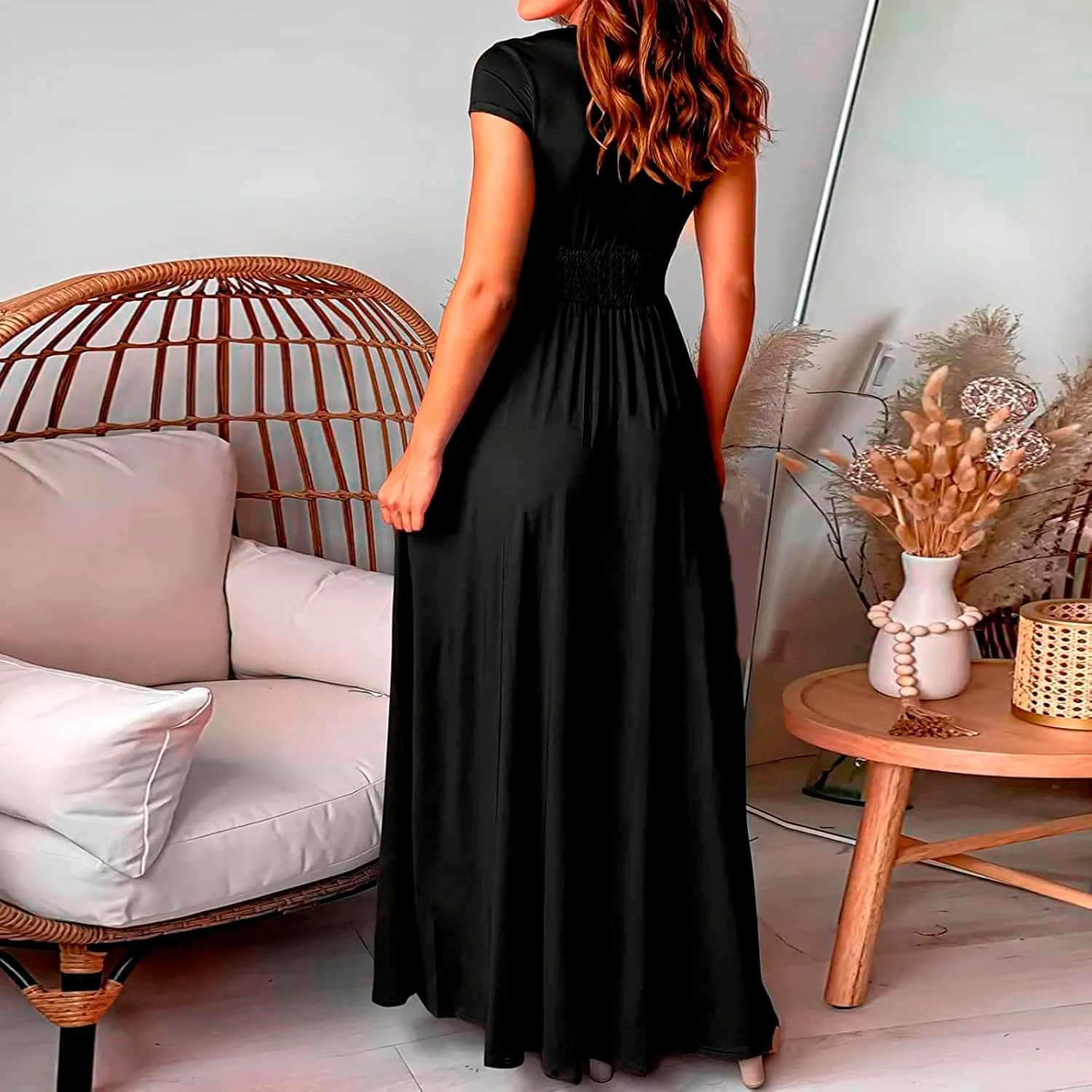 PTOLOCIF Wedding Guest Dresses for Women Deep V Neck Short Sleeve Long Dress Pleated High Waist Slit Party Evening Maxi Dress