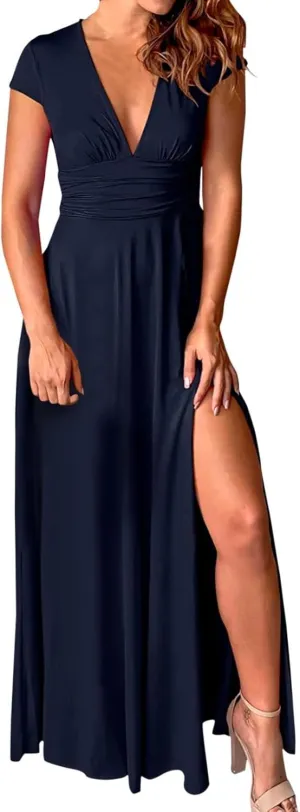 PTOLOCIF Wedding Guest Dresses for Women Deep V Neck Short Sleeve Long Dress Pleated High Waist Slit Party Evening Maxi Dress
