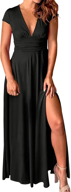 PTOLOCIF Wedding Guest Dresses for Women Deep V Neck Short Sleeve Long Dress Pleated High Waist Slit Party Evening Maxi Dress