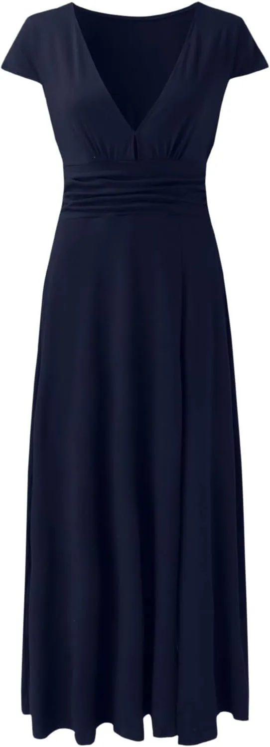 PTOLOCIF Wedding Guest Dresses for Women Deep V Neck Short Sleeve Long Dress Pleated High Waist Slit Party Evening Maxi Dress