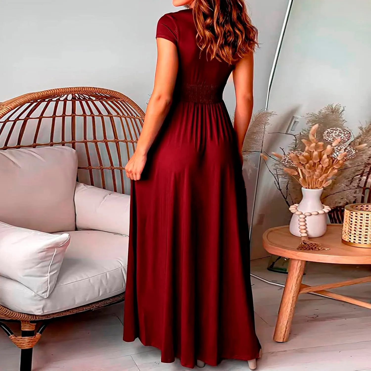 PTOLOCIF Wedding Guest Dresses for Women Deep V Neck Short Sleeve Long Dress Pleated High Waist Slit Party Evening Maxi Dress