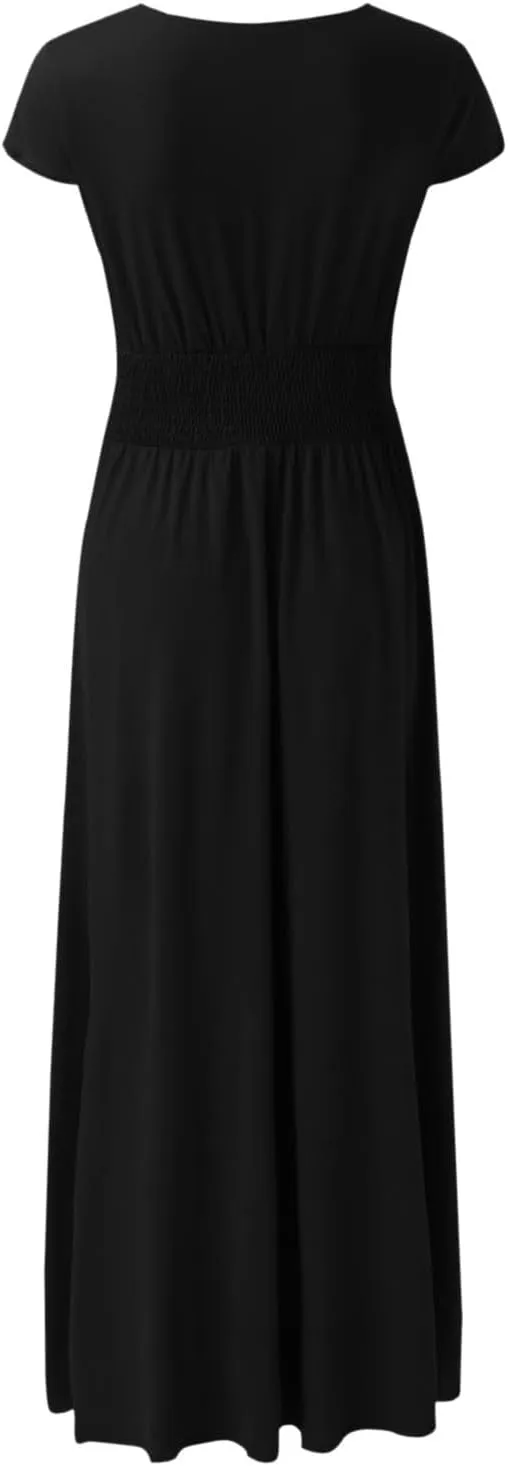 PTOLOCIF Wedding Guest Dresses for Women Deep V Neck Short Sleeve Long Dress Pleated High Waist Slit Party Evening Maxi Dress