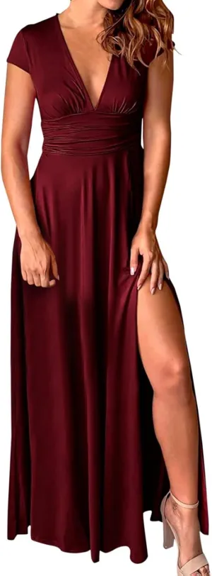 PTOLOCIF Wedding Guest Dresses for Women Deep V Neck Short Sleeve Long Dress Pleated High Waist Slit Party Evening Maxi Dress