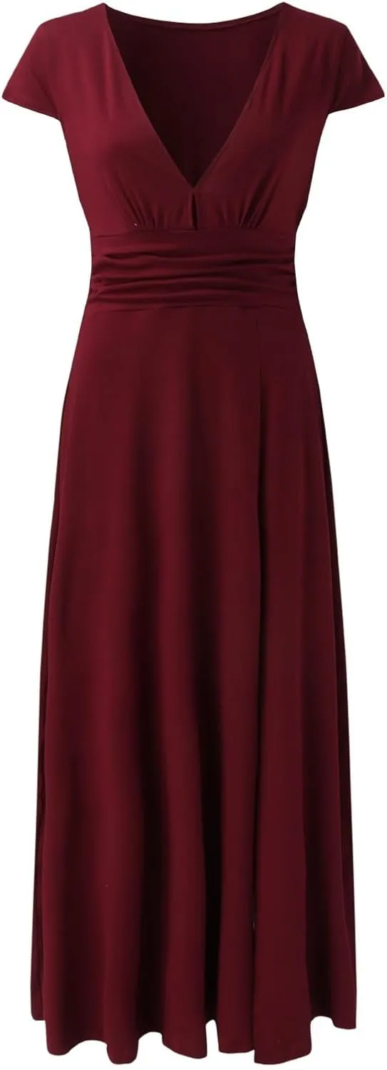 PTOLOCIF Wedding Guest Dresses for Women Deep V Neck Short Sleeve Long Dress Pleated High Waist Slit Party Evening Maxi Dress