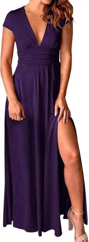 PTOLOCIF Wedding Guest Dresses for Women Deep V Neck Short Sleeve Long Dress Pleated High Waist Slit Party Evening Maxi Dress