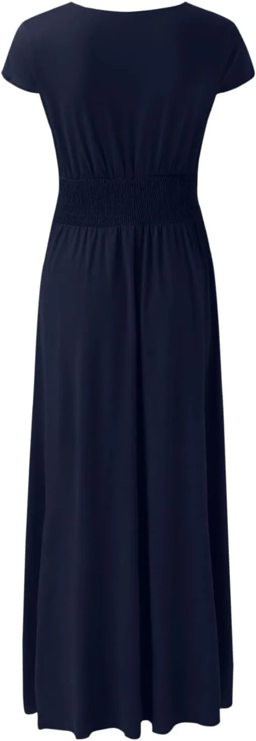 PTOLOCIF Wedding Guest Dresses for Women Deep V Neck Short Sleeve Long Dress Pleated High Waist Slit Party Evening Maxi Dress