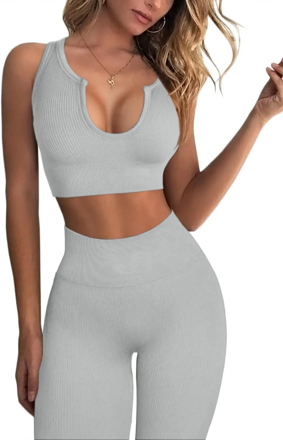 QINSEN Workout Outfits for Women 2 Piece Ribbed Seamless Crop Tank High Waist Yoga Leggings Sets