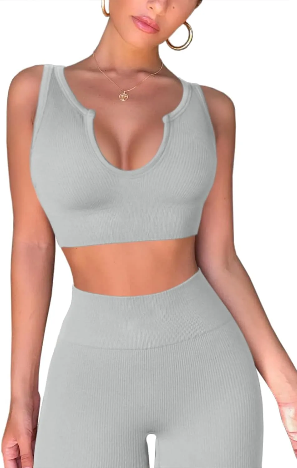 QINSEN Workout Outfits for Women 2 Piece Ribbed Seamless Crop Tank High Waist Yoga Leggings Sets