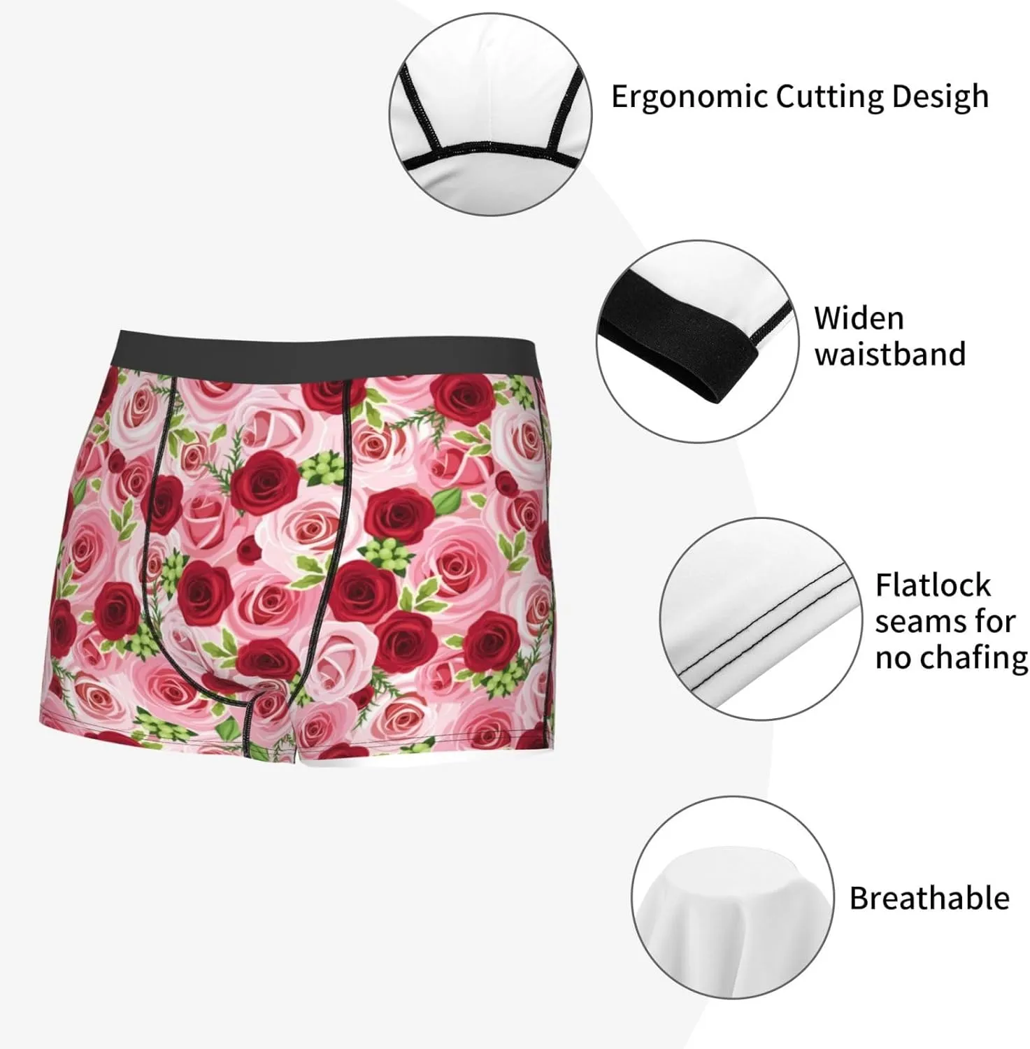Rose Flowers Print Boxer Briefs For Men Breathable Underwear-